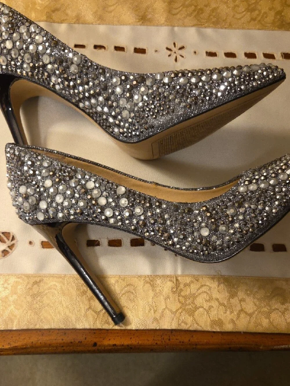 GIANNI BINI- Embellished Silver Crystal Pointed-Toe Pumps W/ Black Heel